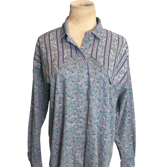 New Fashion blue pink floral long sleeves button shirt size Large - Picture 14 of 15